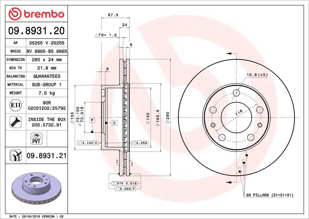 Disques de frein BREMBO ref. 09.8931.20