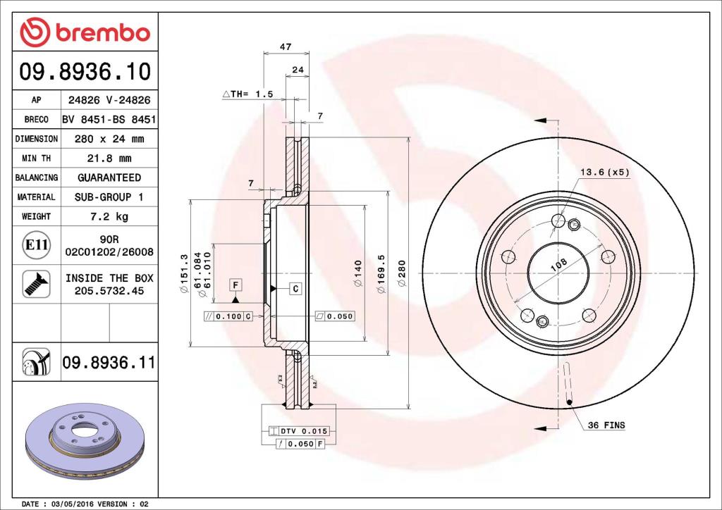 Disques de frein BREMBO 09.8936.11