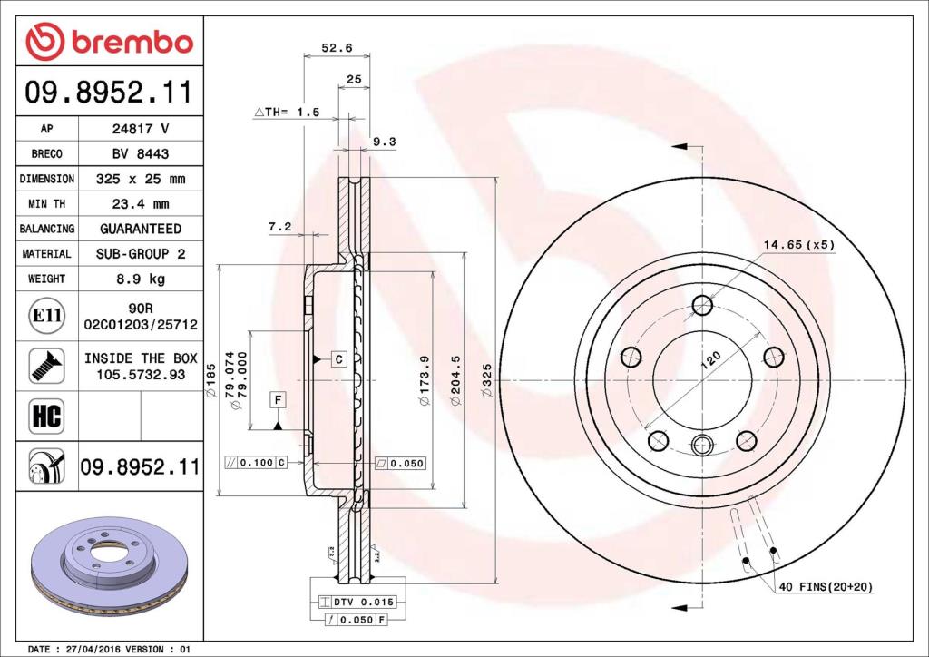Discos de freno BREMBO ref. 09.8952.11