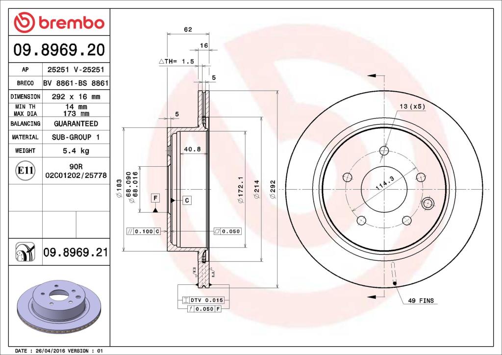 Disques de frein BREMBO ref. 09.8969.21