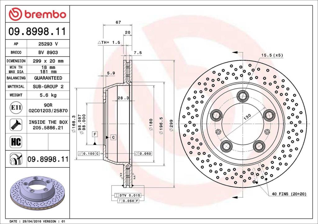 Disques de frein BREMBO ref. 09.8998.11