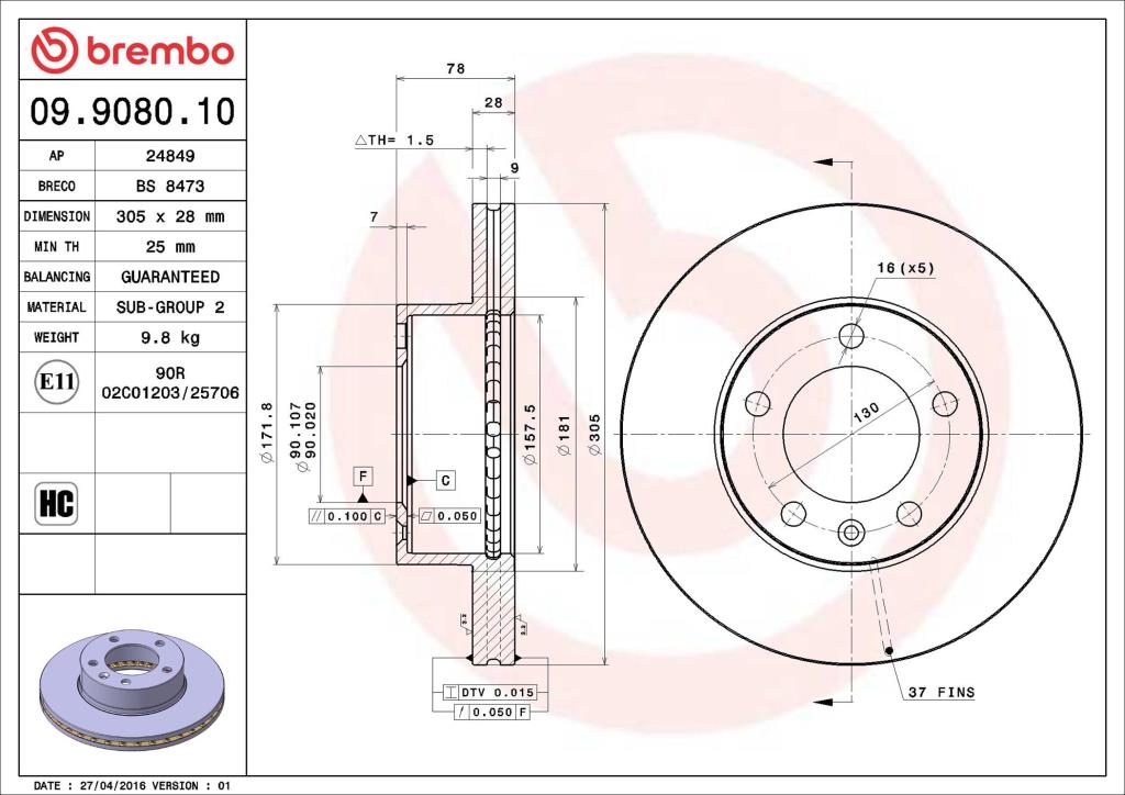 Disques de frein BREMBO ref. 09.9080.10