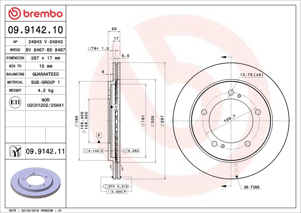 Disques de frein BREMBO 09.9142.10