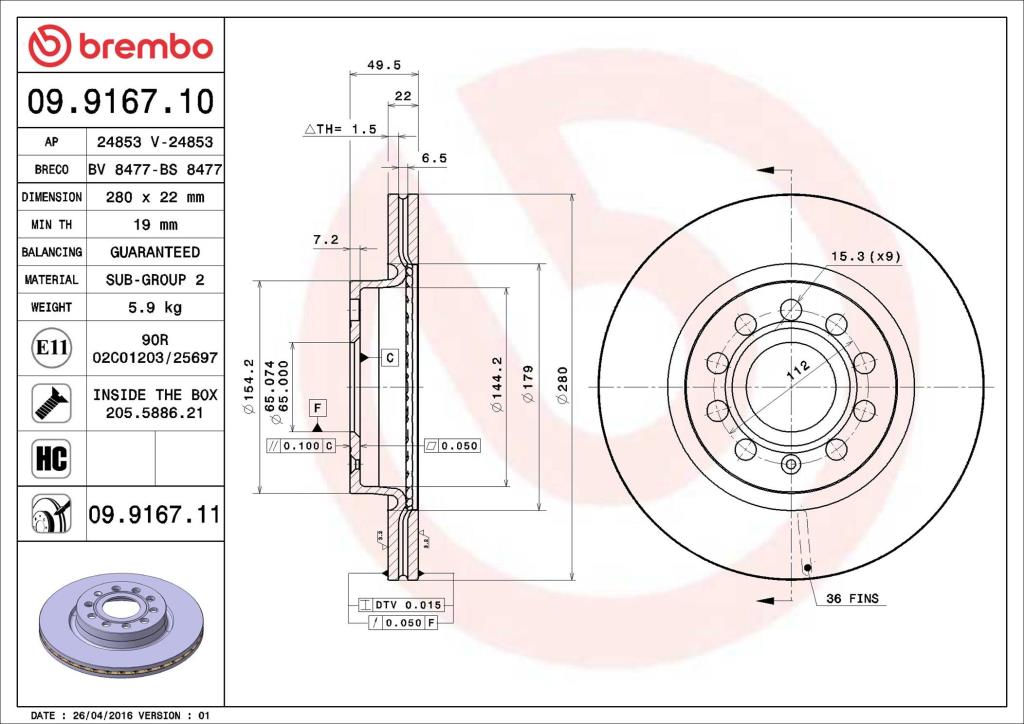 Discos de travão BREMBO ref. 09.9167.11