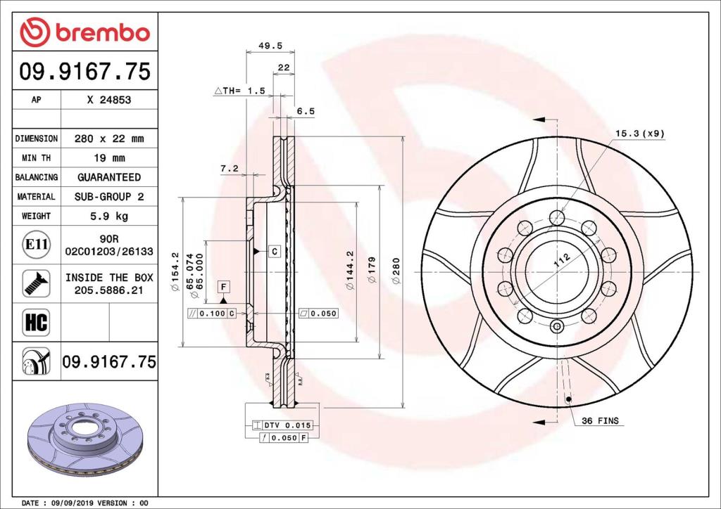 Discos de travão BREMBO ref. 09.9167.75
