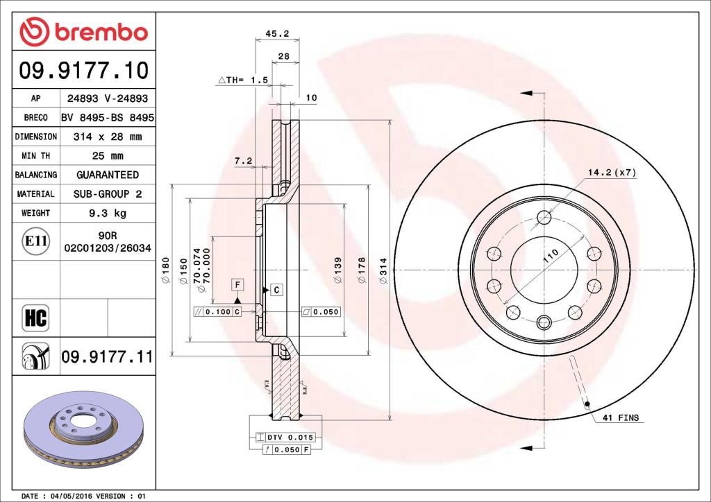 Disques de frein BREMBO ref. 09.9177.11