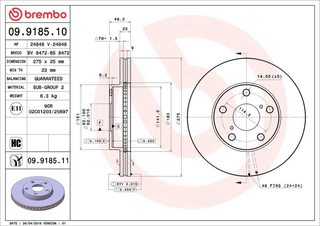 Discos de travão BREMBO ref. 09.9185.11