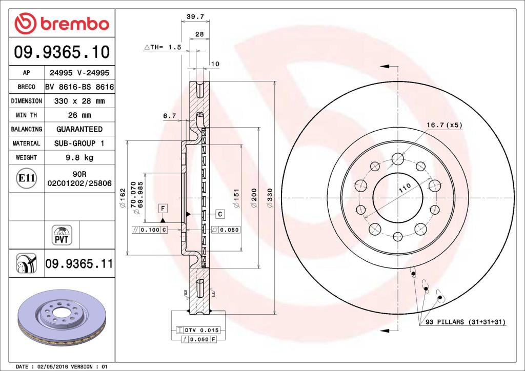 Disques de frein BREMBO 09.9365.11