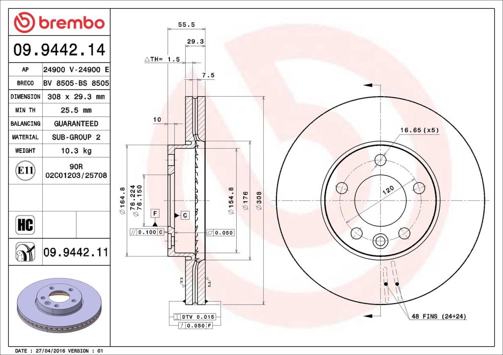 Disques de frein BREMBO 09.9442.14