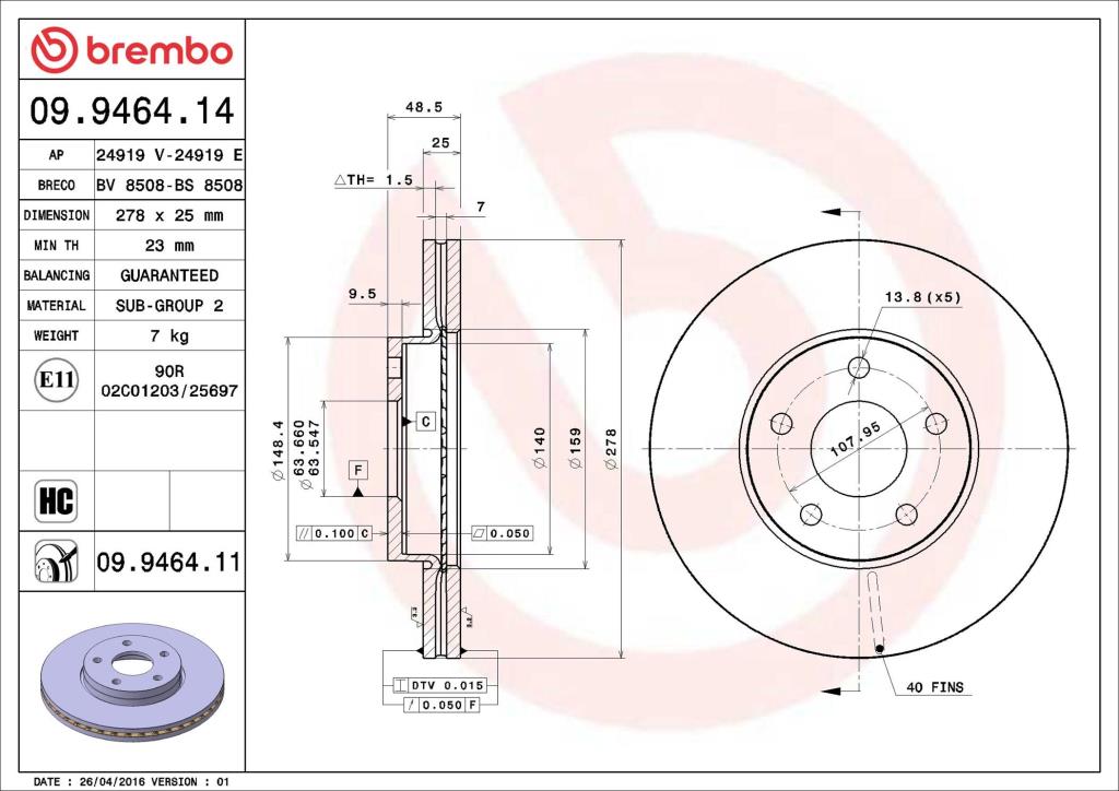 Discos de freno BREMBO ref. 09.9464.11