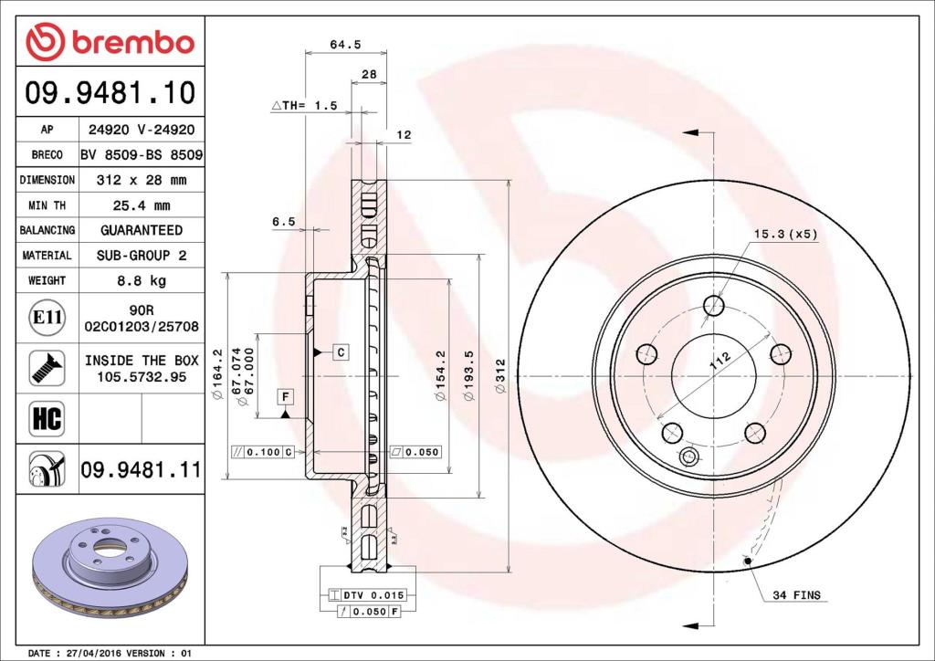 Disques de frein BREMBO 09.9481.11