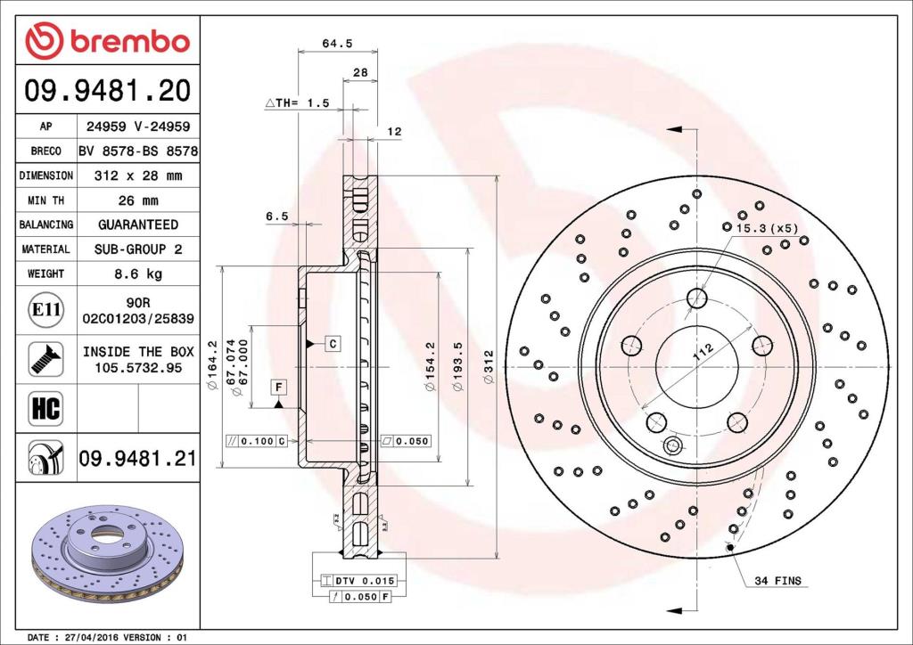 Disques de frein BREMBO 09.9481.21