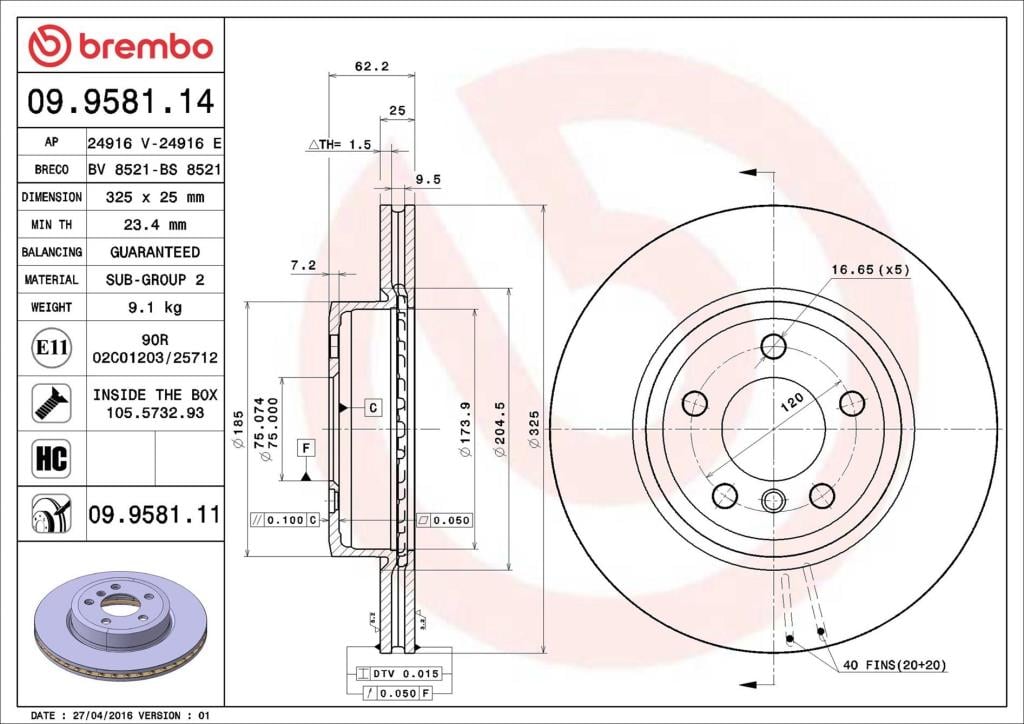 Disques de frein BREMBO 09.9581.11