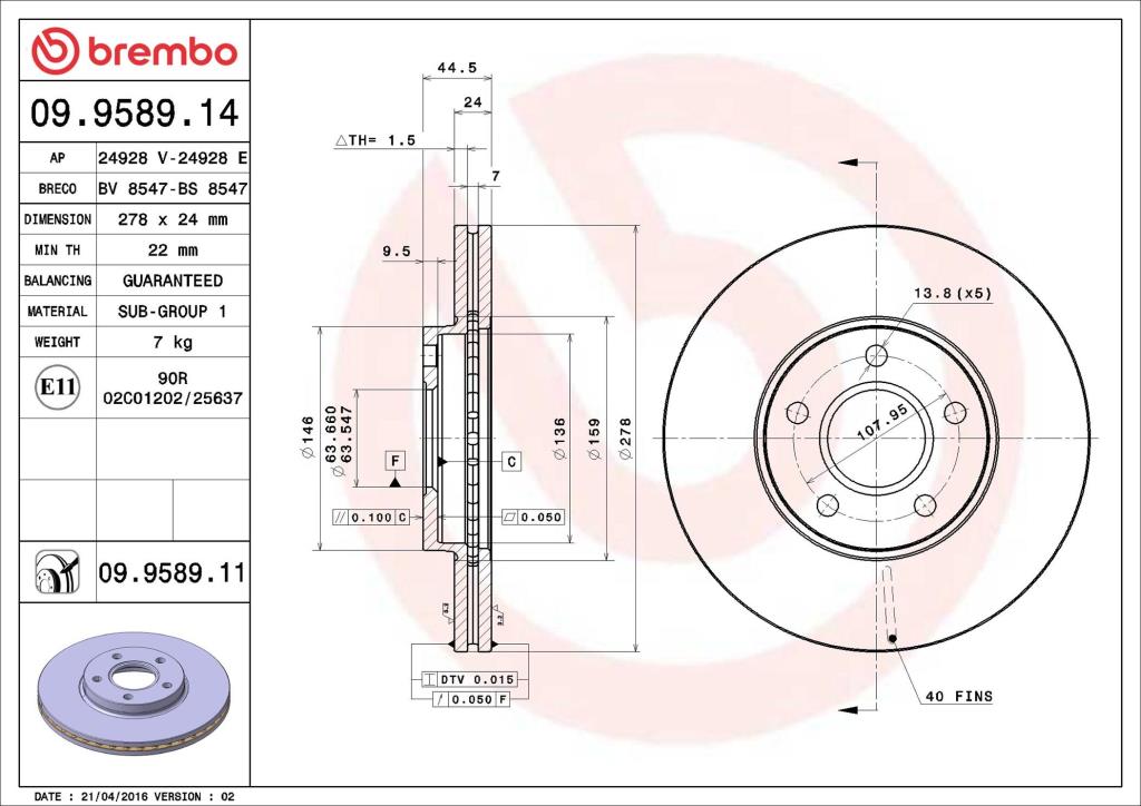 Disques de frein BREMBO 09.9589.11