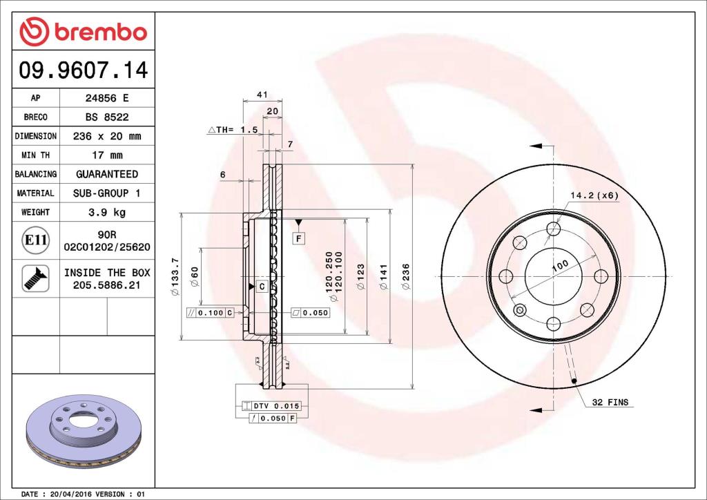 Disques de frein BREMBO ref. 09.9607.14