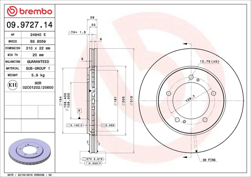 Disques de frein BREMBO 09.9727.14