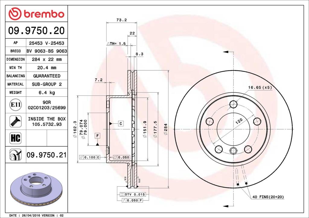 Disques de frein BREMBO ref. 09.9750.21