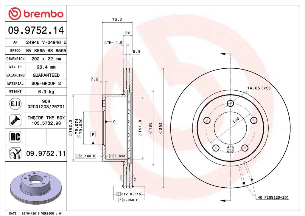 Disques de frein BREMBO 09.9752.11