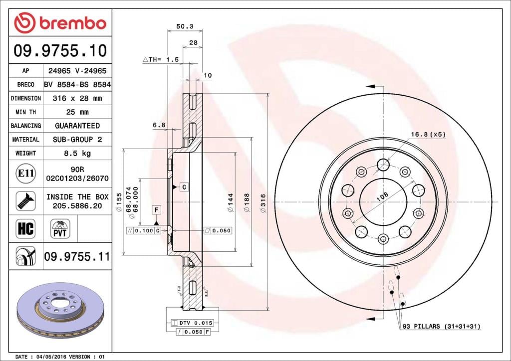 Disques de frein BREMBO 09.9755.11
