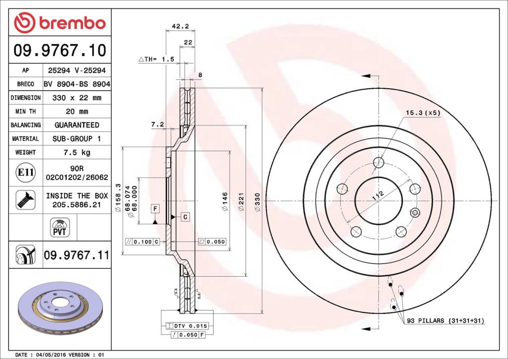 Disques de frein BREMBO ref. 09.9767.11
