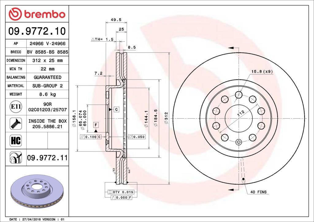 Disques de frein BREMBO ref. 09.9772.11