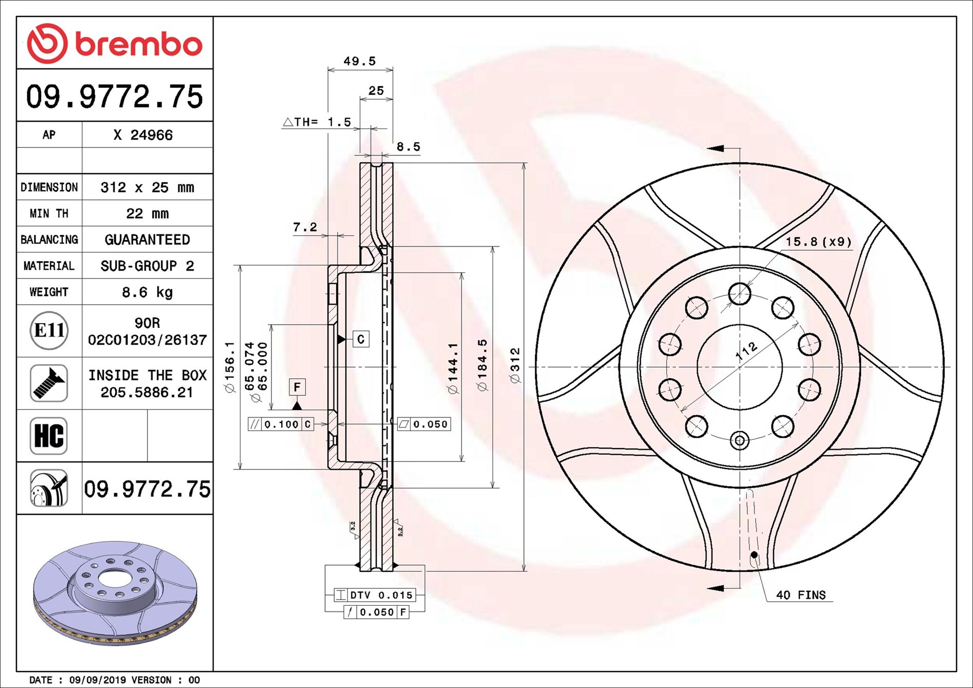 Disques de frein BREMBO ref. 09.9772.75