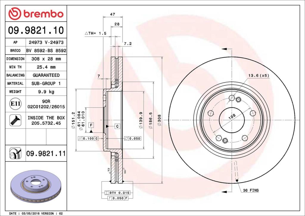 Disques de frein BREMBO 09.9821.11
