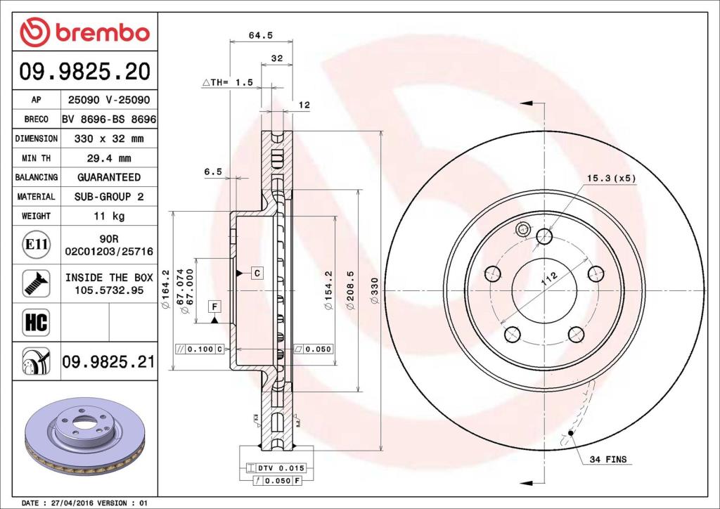 Disques de frein BREMBO 09.9825.21