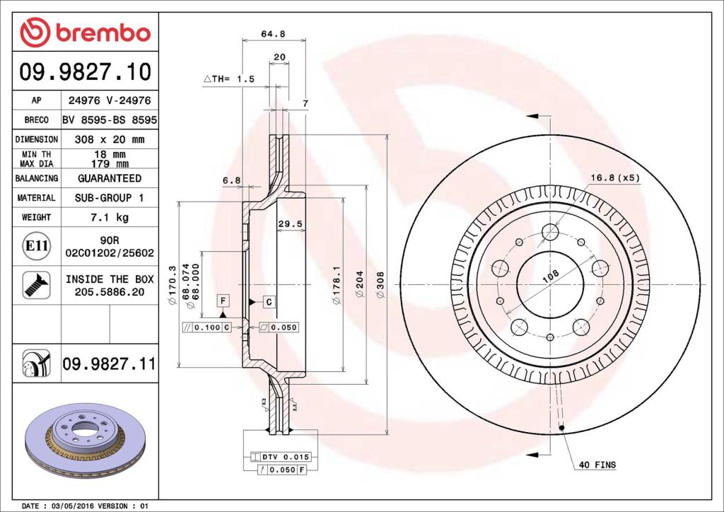 Disques de frein BREMBO ref. 09.9827.11