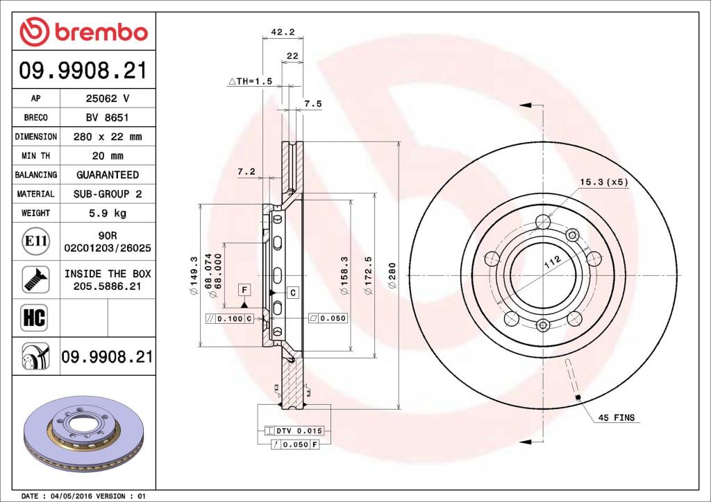 Disques de frein BREMBO 09.9908.21