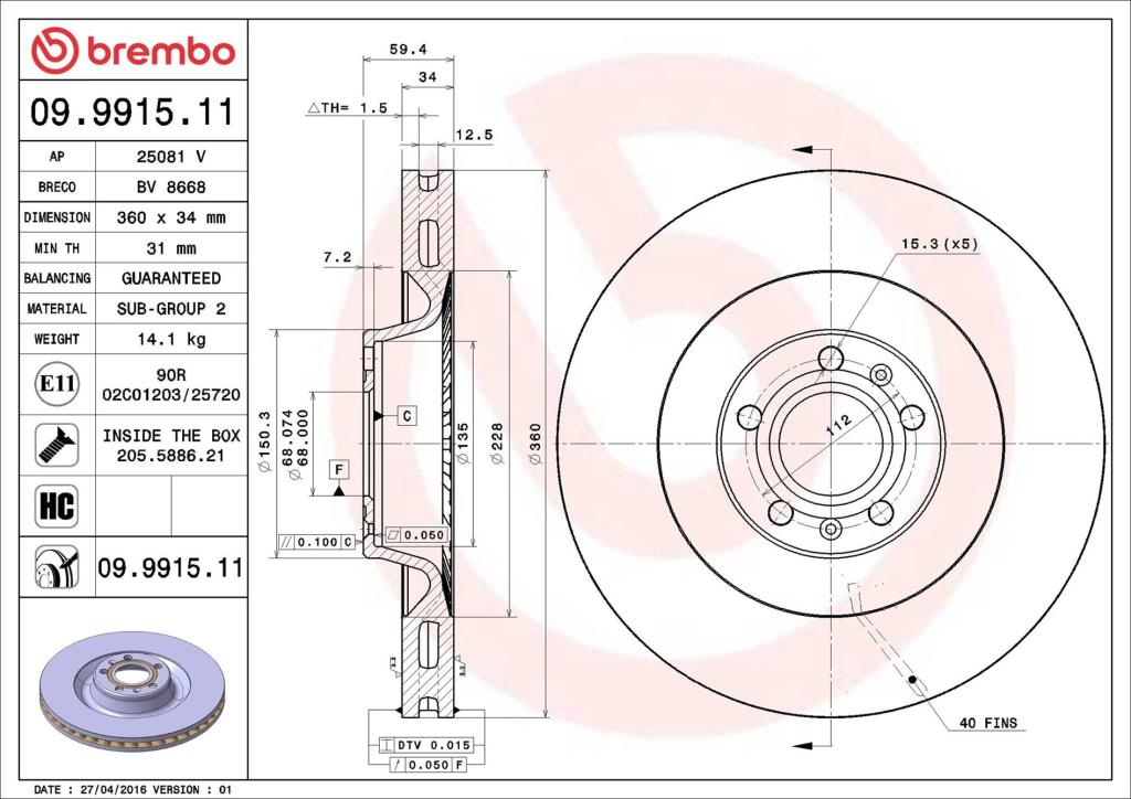 Discos de travão BREMBO 09.9915.11