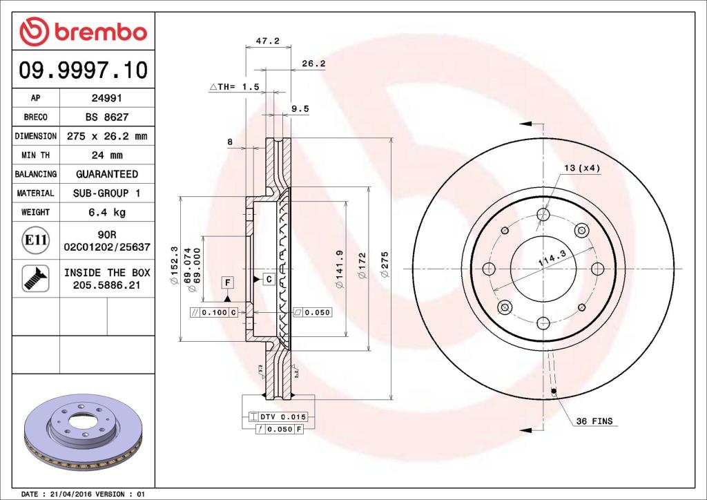 Disques de frein BREMBO ref. 09.9997.10