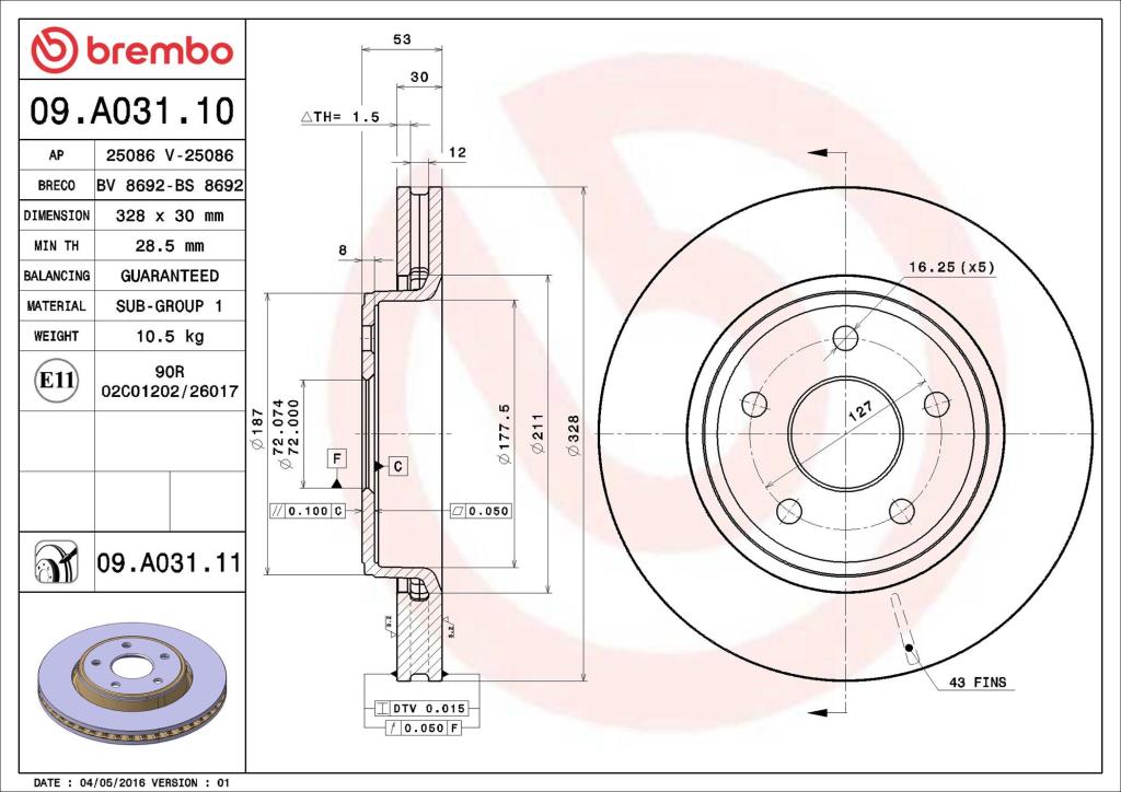 Disques de frein BREMBO 09.A031.11