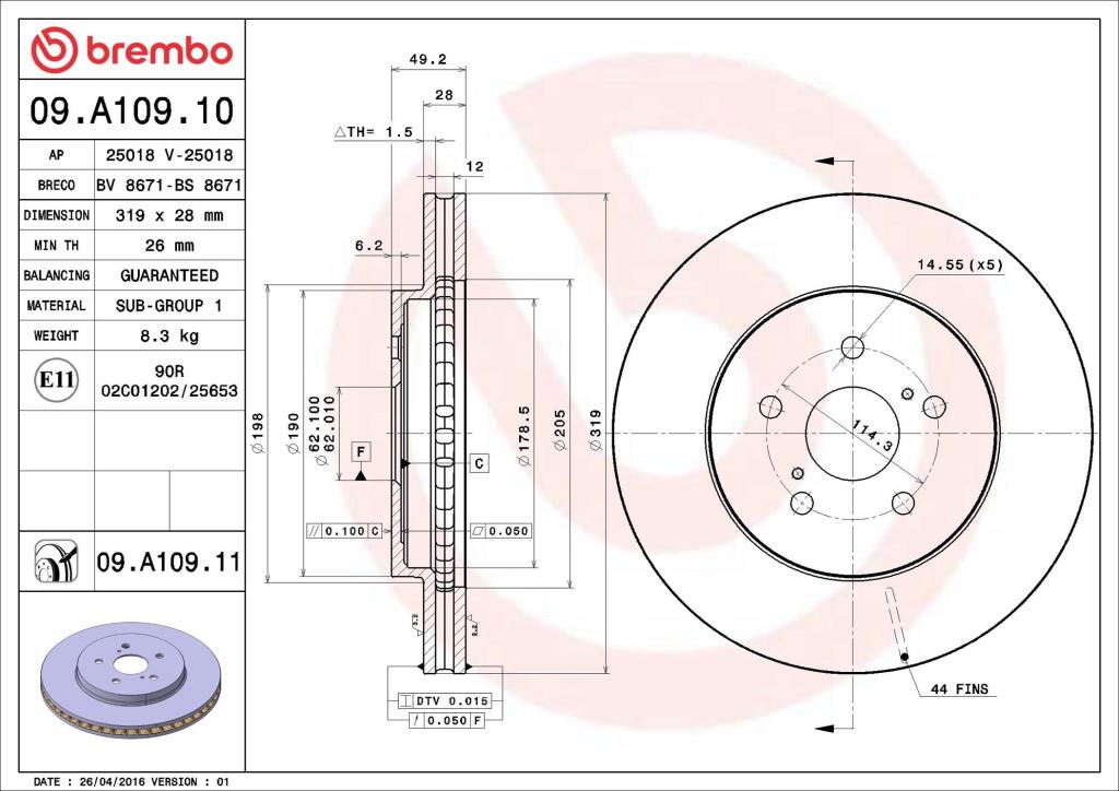 Disques de frein BREMBO 09.A109.11