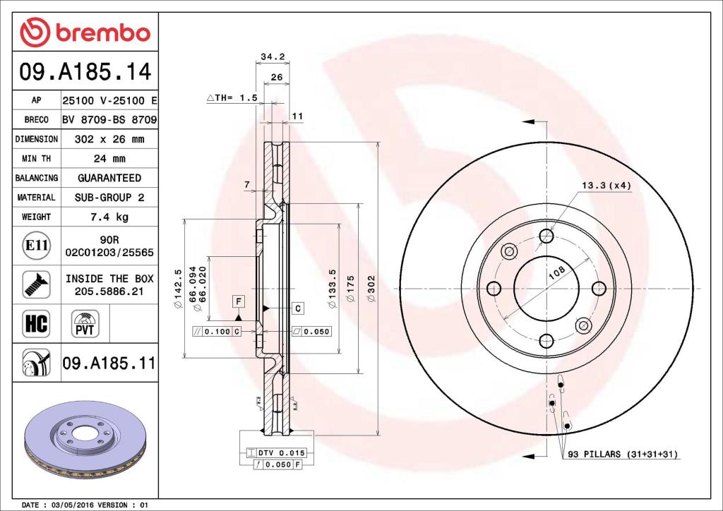 Discos de freno BREMBO ref. 09.A185.14