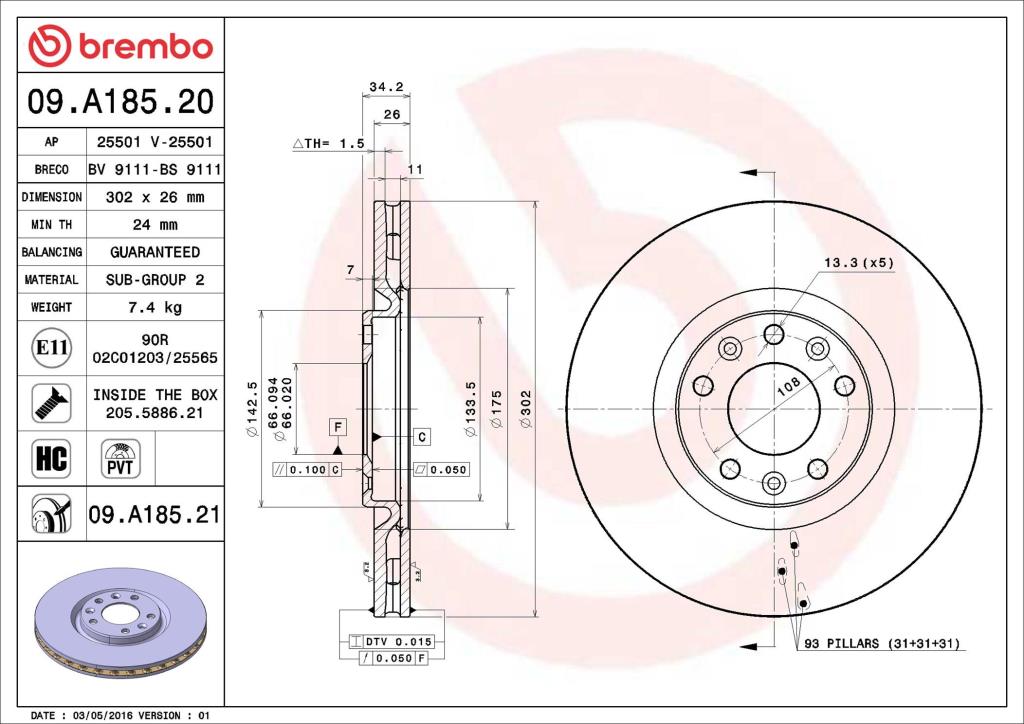 Discos de freno BREMBO ref. 09.A185.21
