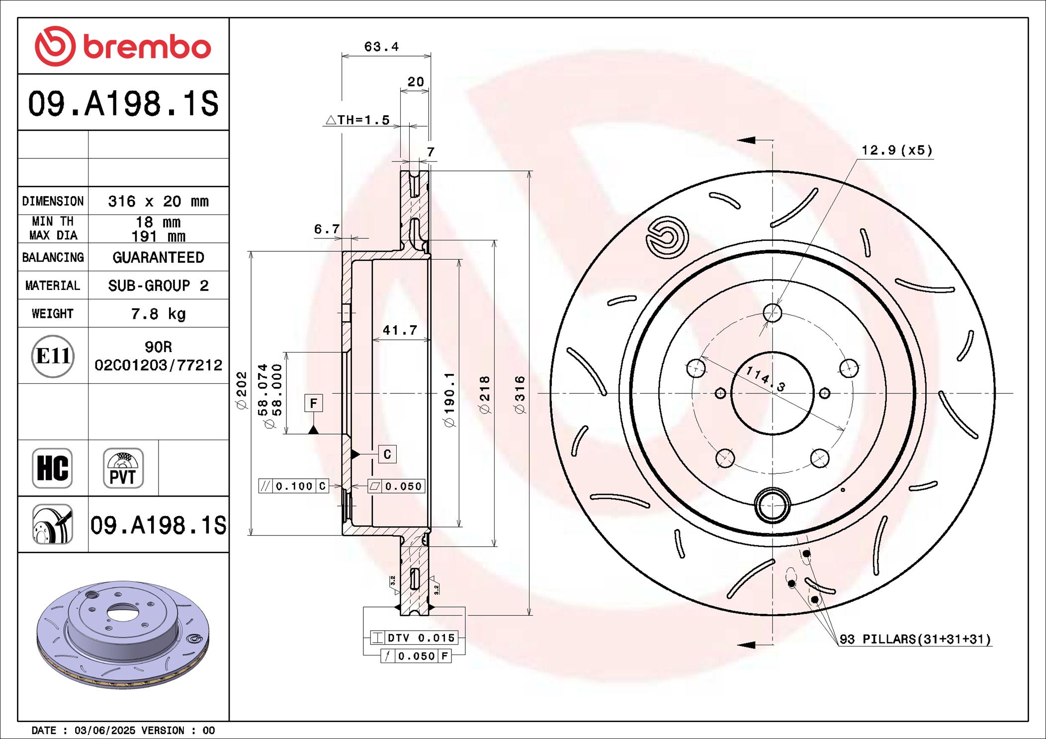 Disques de frein BREMBO ref. 09.A198.1S