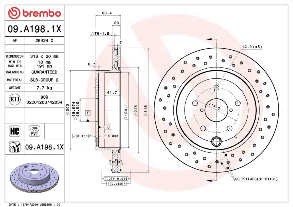 Disques de frein BREMBO ref. 09.A198.1X