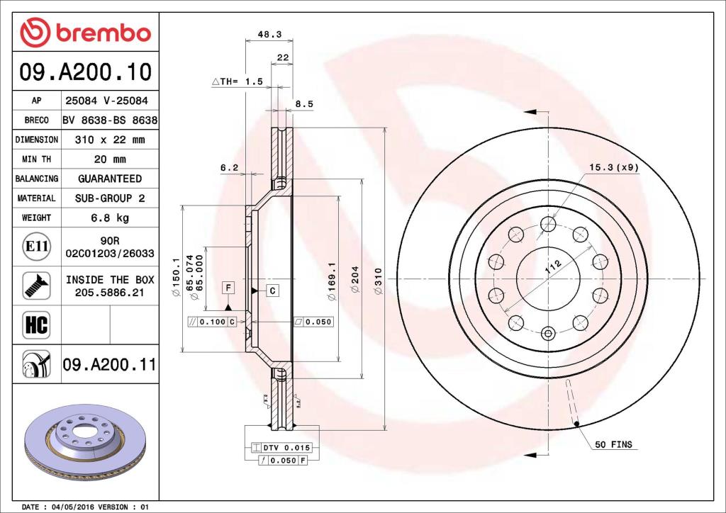Disques de frein BREMBO ref. 09.A200.10