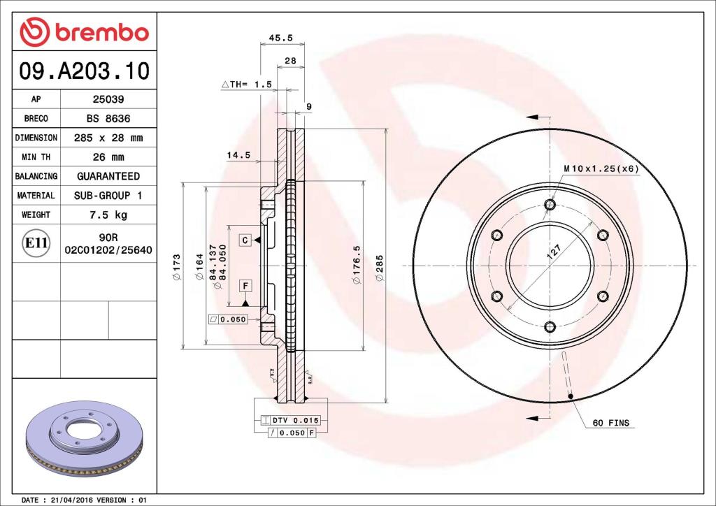 Disques de frein BREMBO ref. 09.A203.10