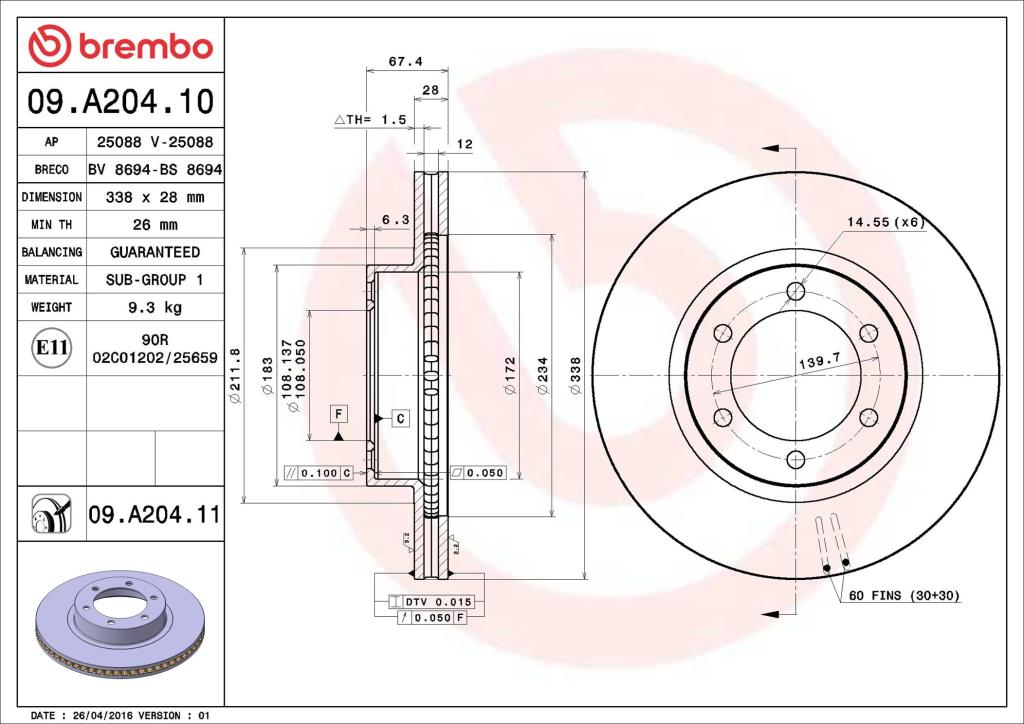 Discos de freno BREMBO ref. 09.A204.11