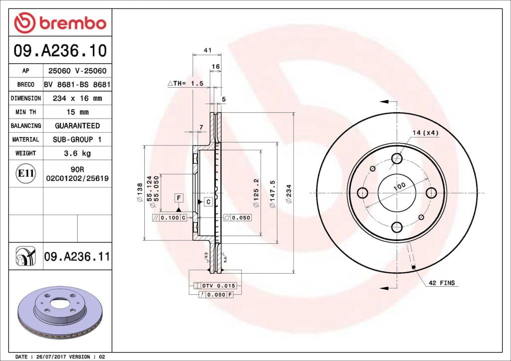Discos de travão BREMBO ref. 09.A236.11