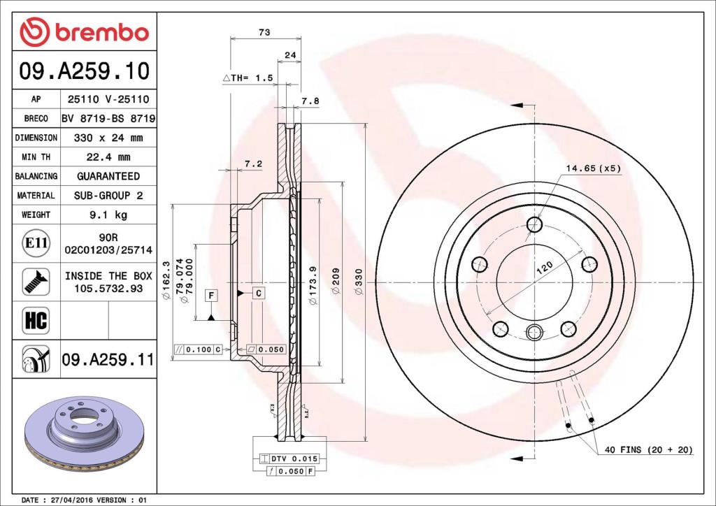 Disques de frein BREMBO 09.A259.11