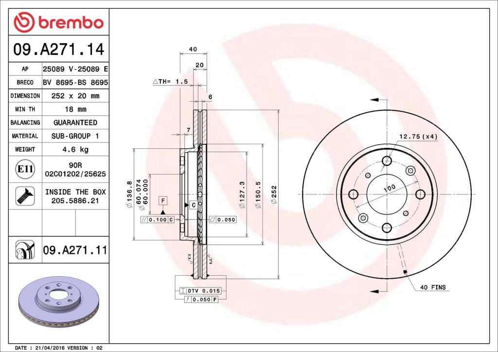 Disques de frein BREMBO ref. 09.A271.11