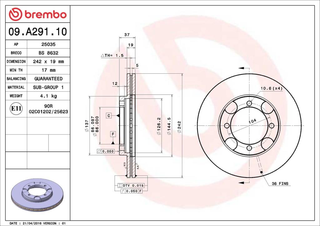 Discos de freno BREMBO 09.A291.10