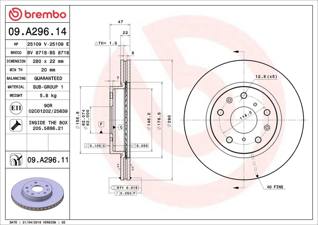 Disques de frein BREMBO 09.A296.11