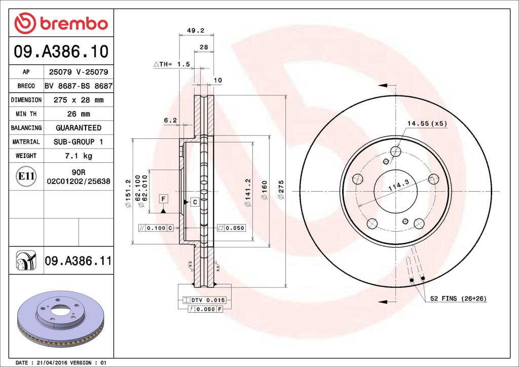 Discos de travão BREMBO ref. 09.A386.11