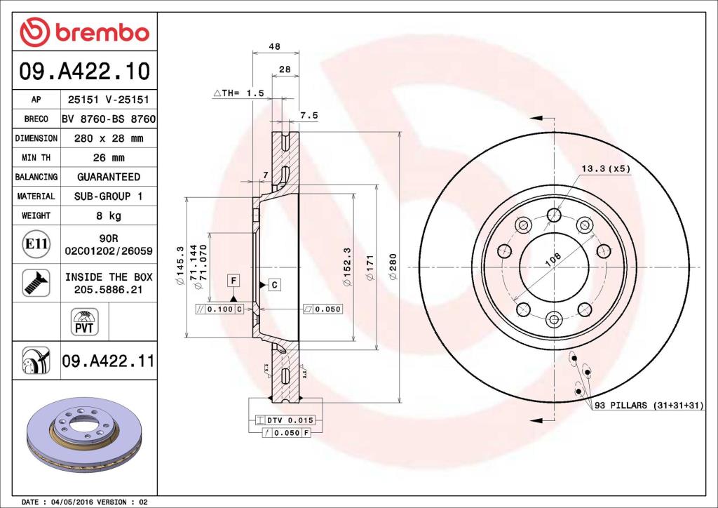 Discos de freno BREMBO ref. 09.A422.10