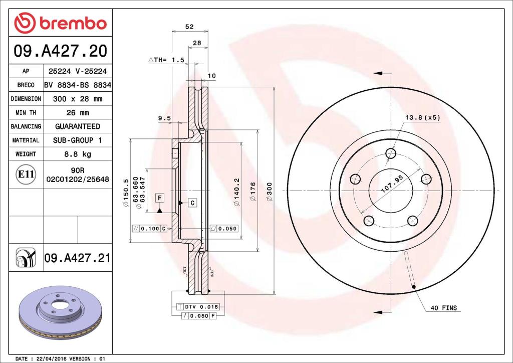 Disques de frein BREMBO ref. 09.A427.21