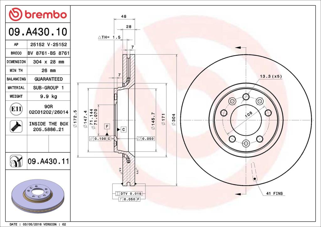 Disques de frein BREMBO ref. 09.A430.11